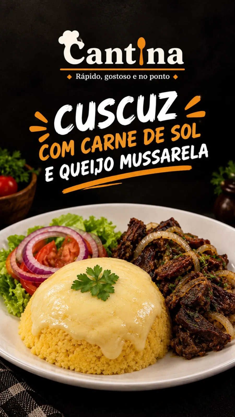 CUSCUZ COM CARNE DE SOL E QUEIJO MUSSARELA 